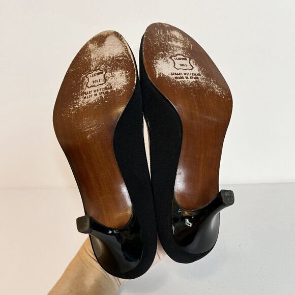 Stuart Weitzman Black Peep Toe Pumps with Patent Leather Trim Detail - Picture 6 of 7